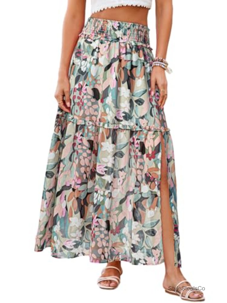 Women Boho Floral Maxi Skirt High Waisted Chiffon Flowly A Line Side Slit